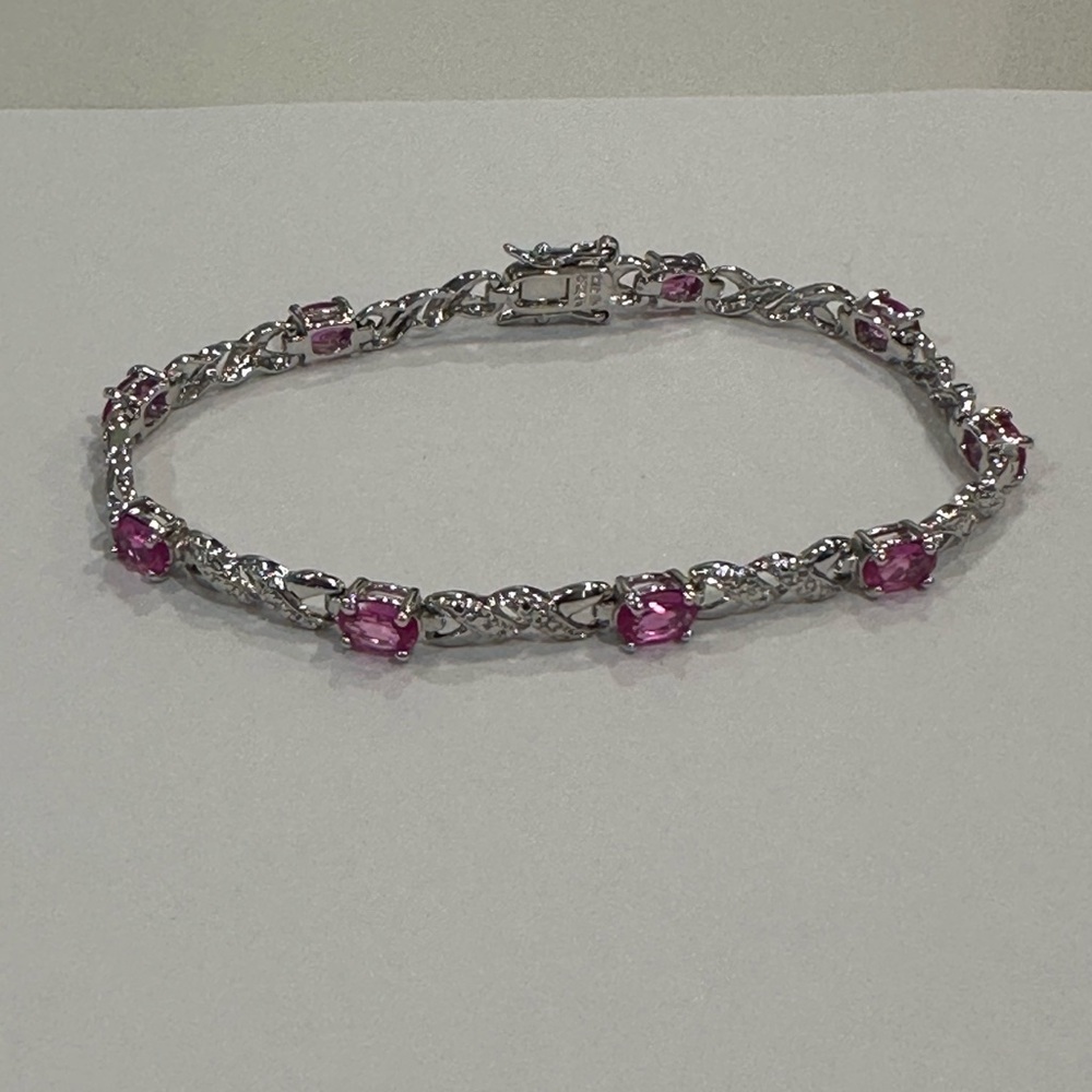 Sterling Silver 925 Hot Pink Topaz Gemstone Oval Tennis Bracelet 7.5” Length - Picture 3 of 12